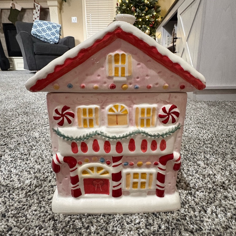 Festive Pink Gingerbread House Cookie Jar